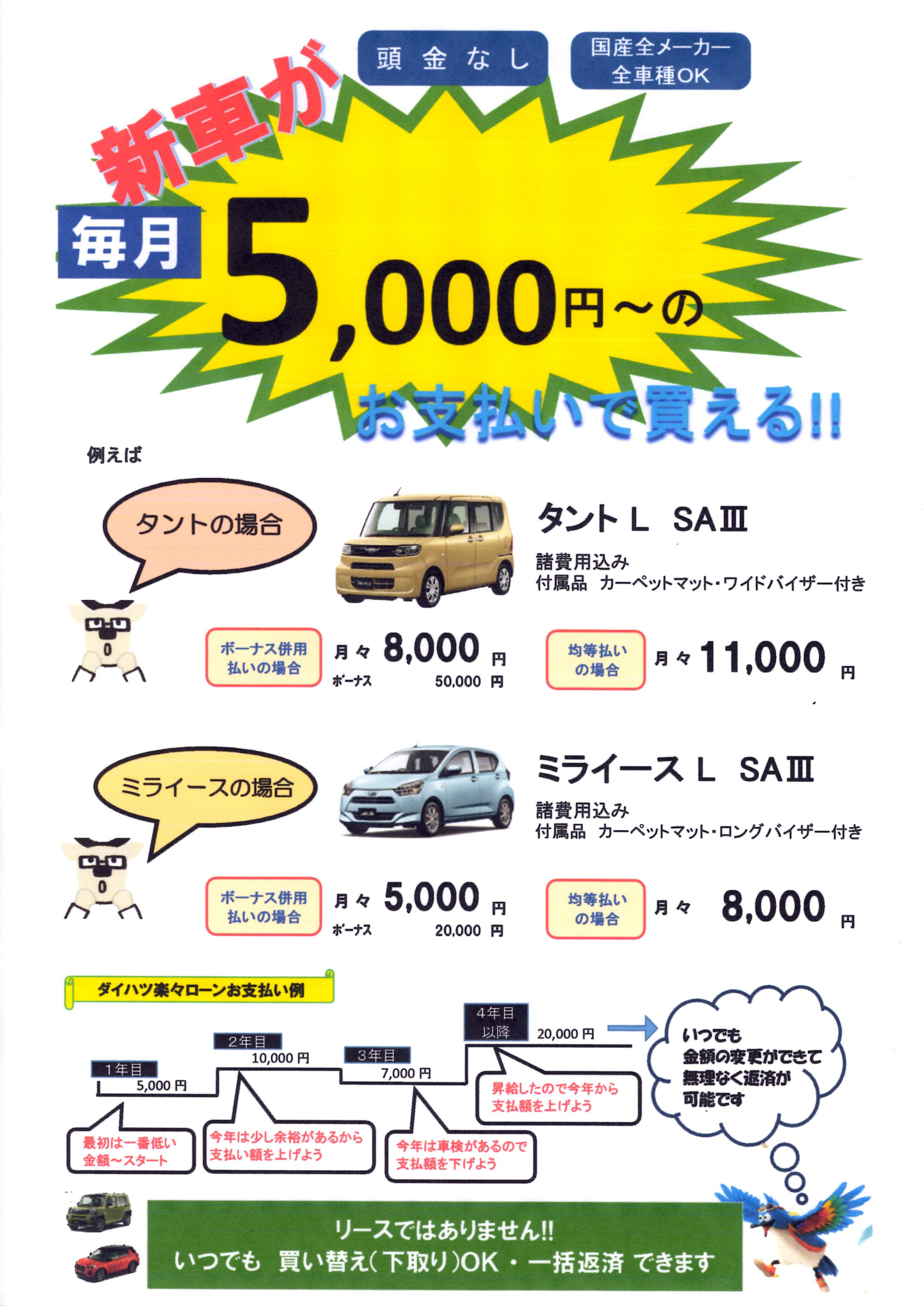 新車が毎月5,000円からのお支払いで買える＆乗れる!!